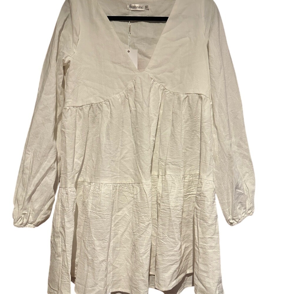Beginnings Boutique White Mini‎ Dress Long Sleeve V Neck Babydoll